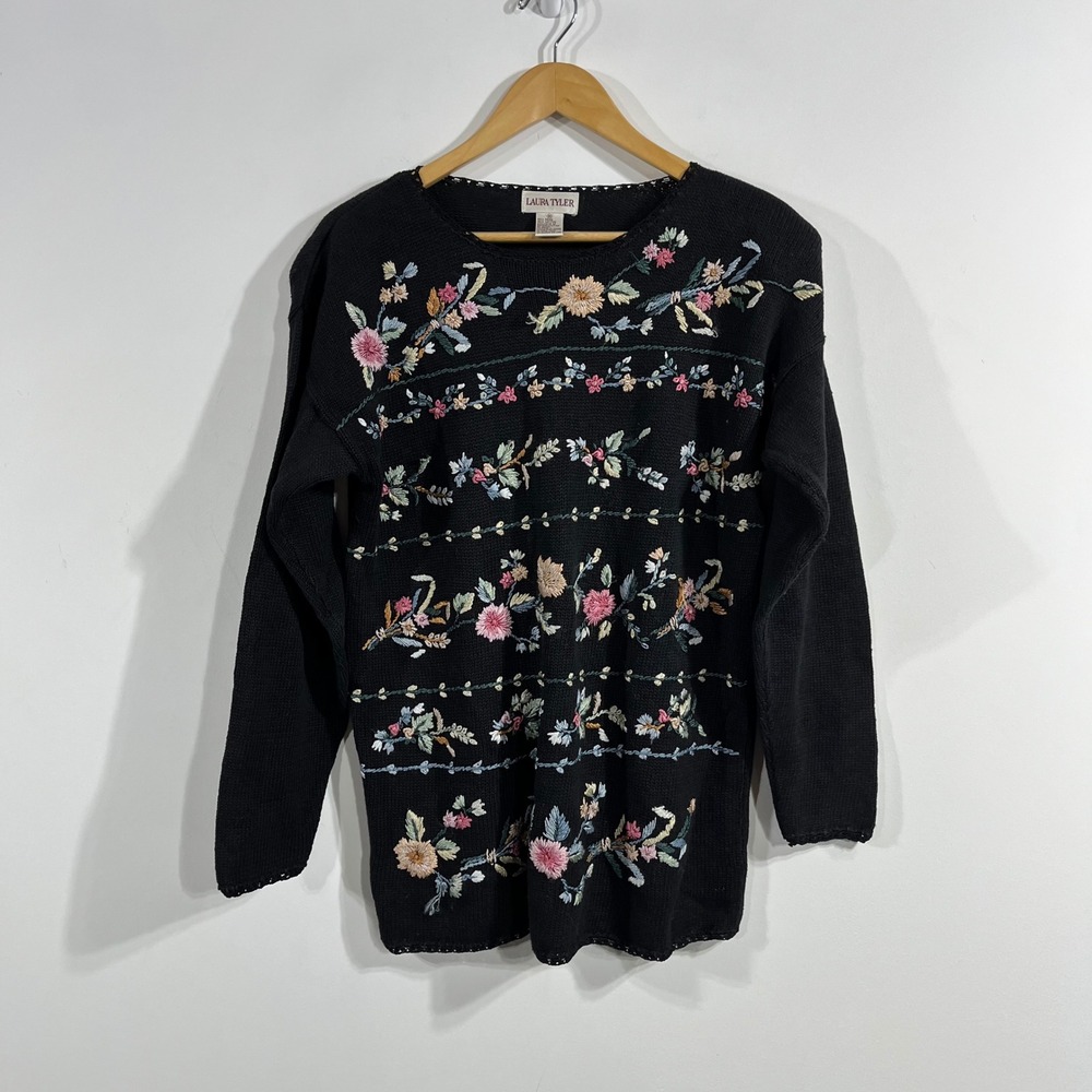 Laura Tyler VTG Floral Embroidered Cottagecore Folk Knit Sweater Womens Medium